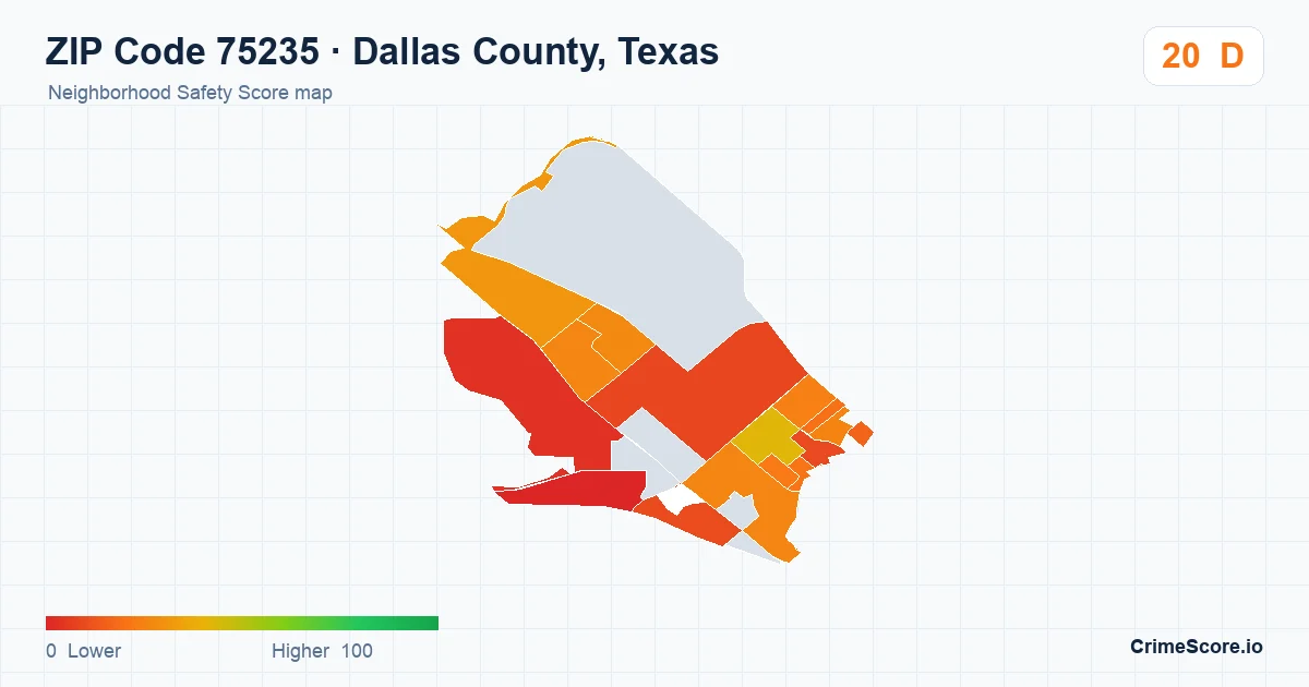 ZIP Code 75235 in Dallas County, Texas neighborhood Safety Score map