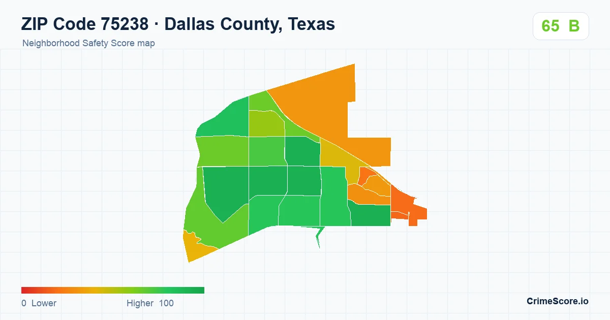 ZIP Code 75238 in Dallas County, Texas neighborhood Safety Score map