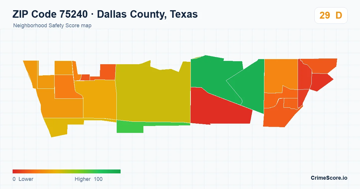ZIP Code 75240 in Dallas County, Texas neighborhood Safety Score map