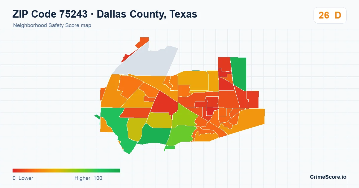 ZIP Code 75243 in Dallas County, Texas neighborhood Safety Score map