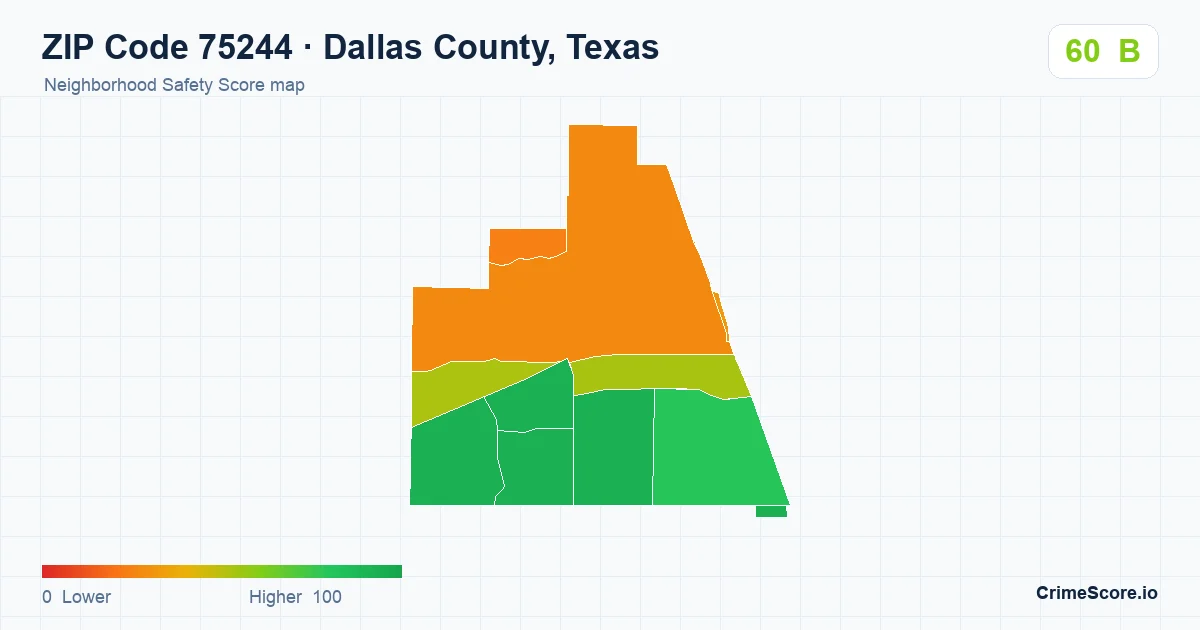 ZIP Code 75244 in Dallas County, Texas neighborhood Safety Score map