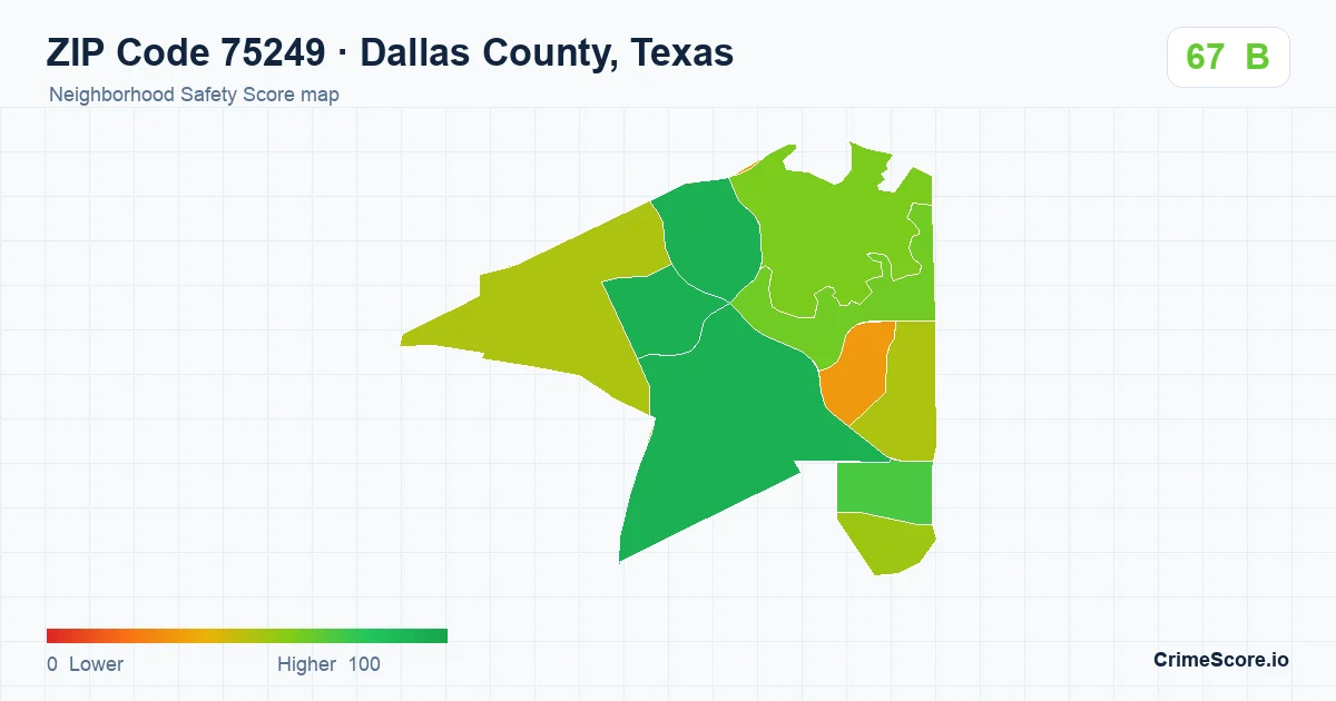 ZIP Code 75249 in Dallas County, Texas neighborhood Safety Score map