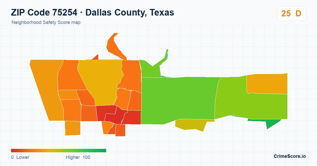 ZIP Code 75254 in Dallas County, Texas neighborhood Safety Score map