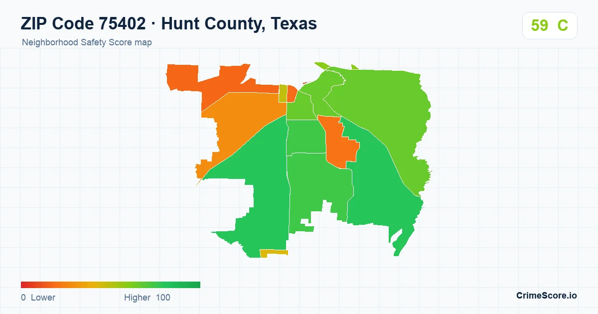 ZIP Code 75402 in Hunt County, Texas neighborhood Safety Score map