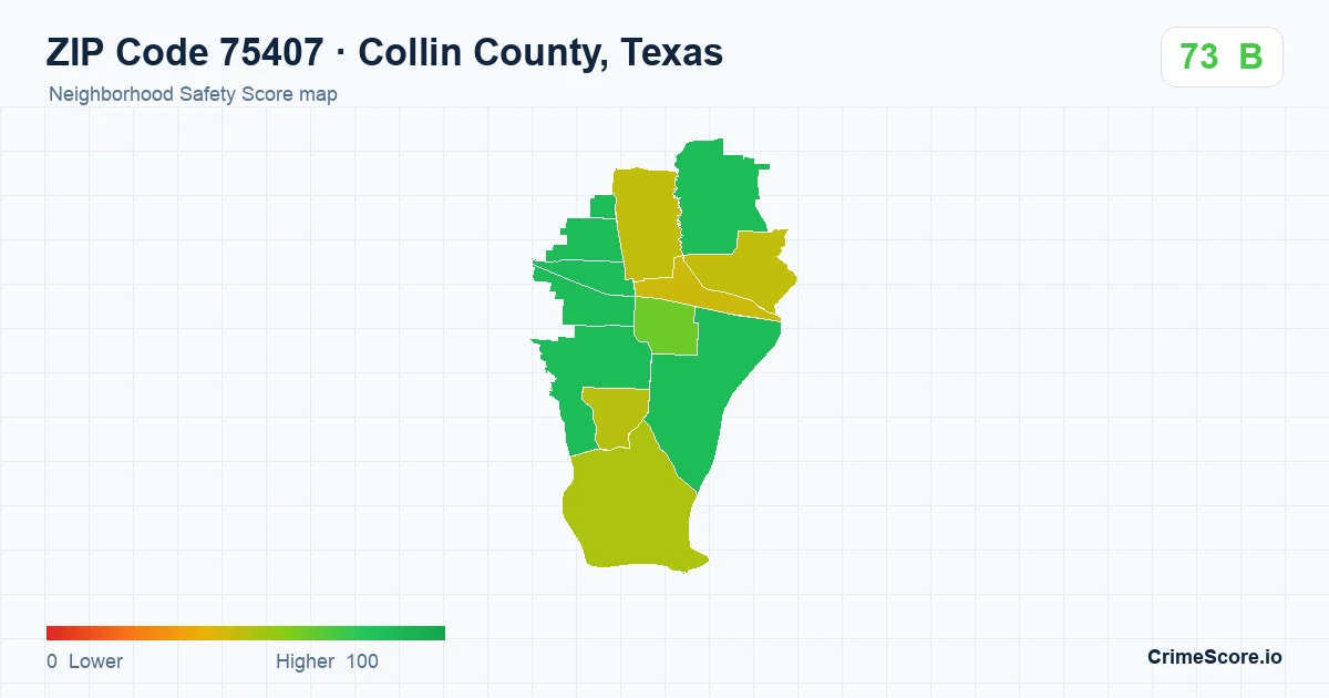 ZIP Code 75407 in Collin County, Texas neighborhood Safety Score map