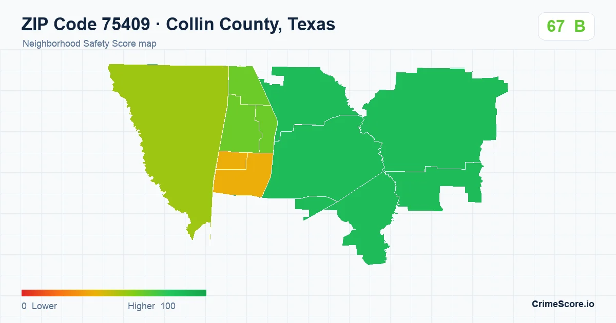 ZIP Code 75409 in Collin County, Texas neighborhood Safety Score map