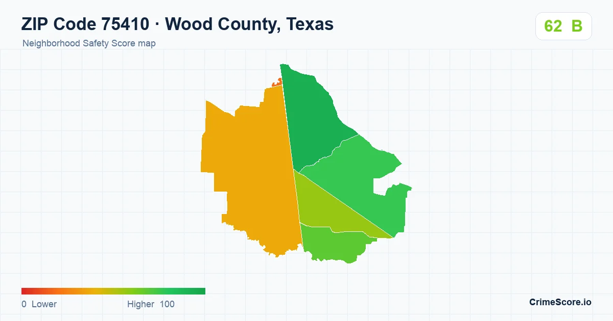 ZIP Code 75410 in Wood County, Texas neighborhood Safety Score map