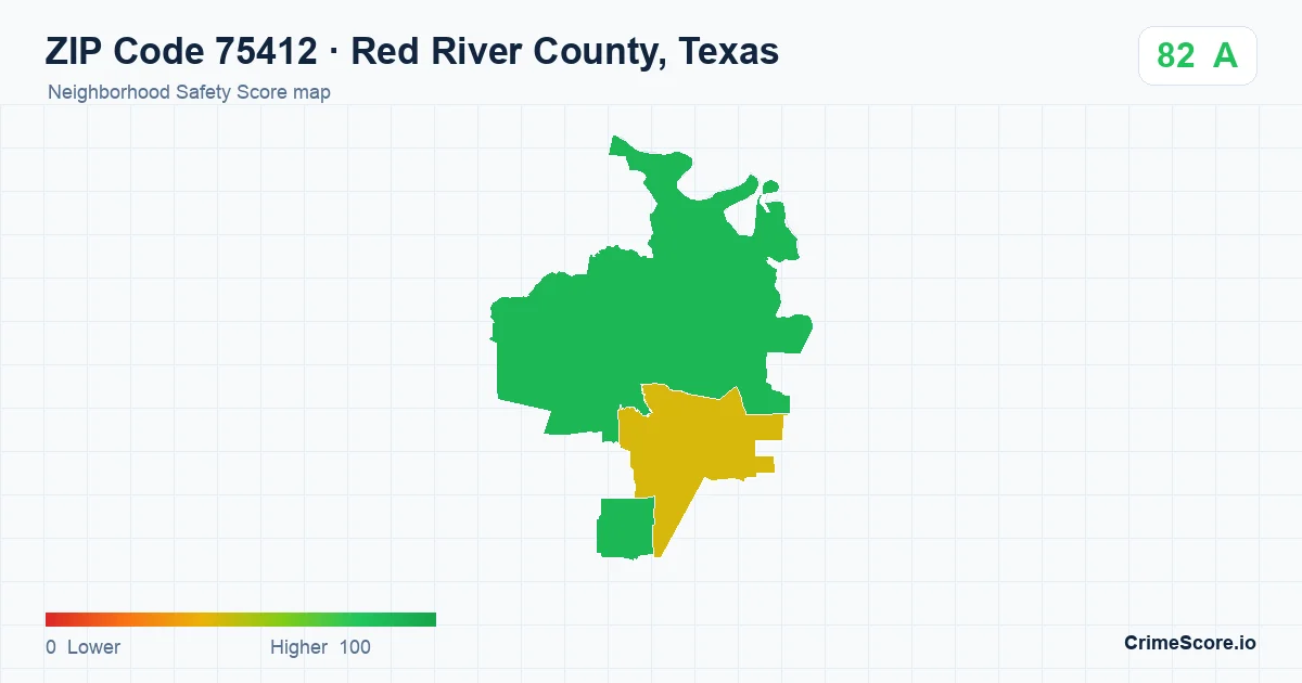 ZIP Code 75412 in Red River County, Texas neighborhood Safety Score map