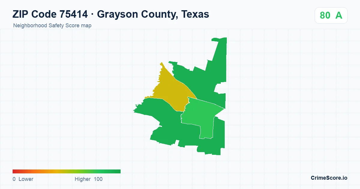 ZIP Code 75414 in Grayson County, Texas neighborhood Safety Score map