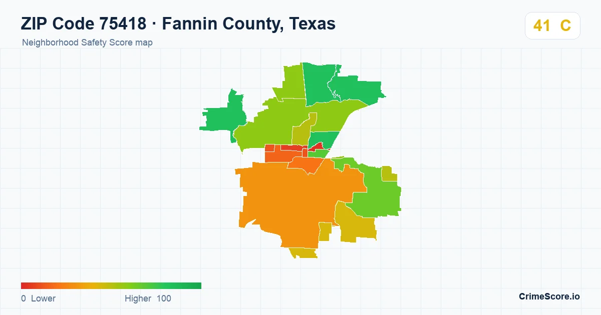 ZIP Code 75418 in Fannin County, Texas neighborhood Safety Score map