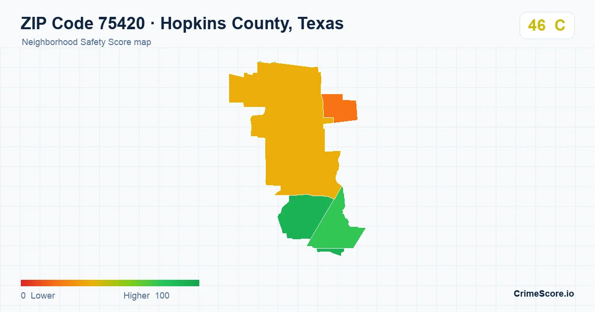 ZIP Code 75420 in Hopkins County, Texas neighborhood Safety Score map