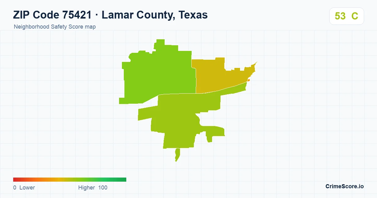 ZIP Code 75421 in Lamar County, Texas neighborhood Safety Score map