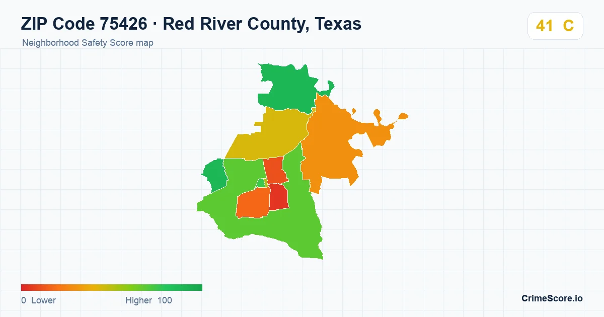 ZIP Code 75426 in Red River County, Texas neighborhood Safety Score map
