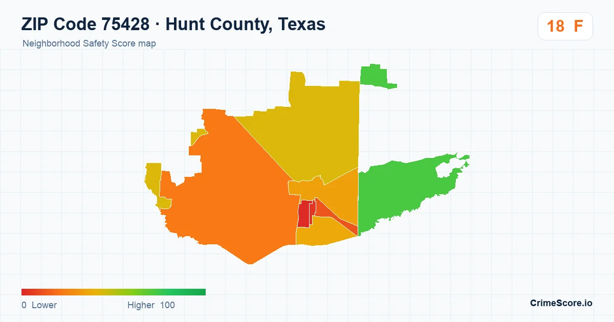 ZIP Code 75428 in Hunt County, Texas neighborhood Safety Score map