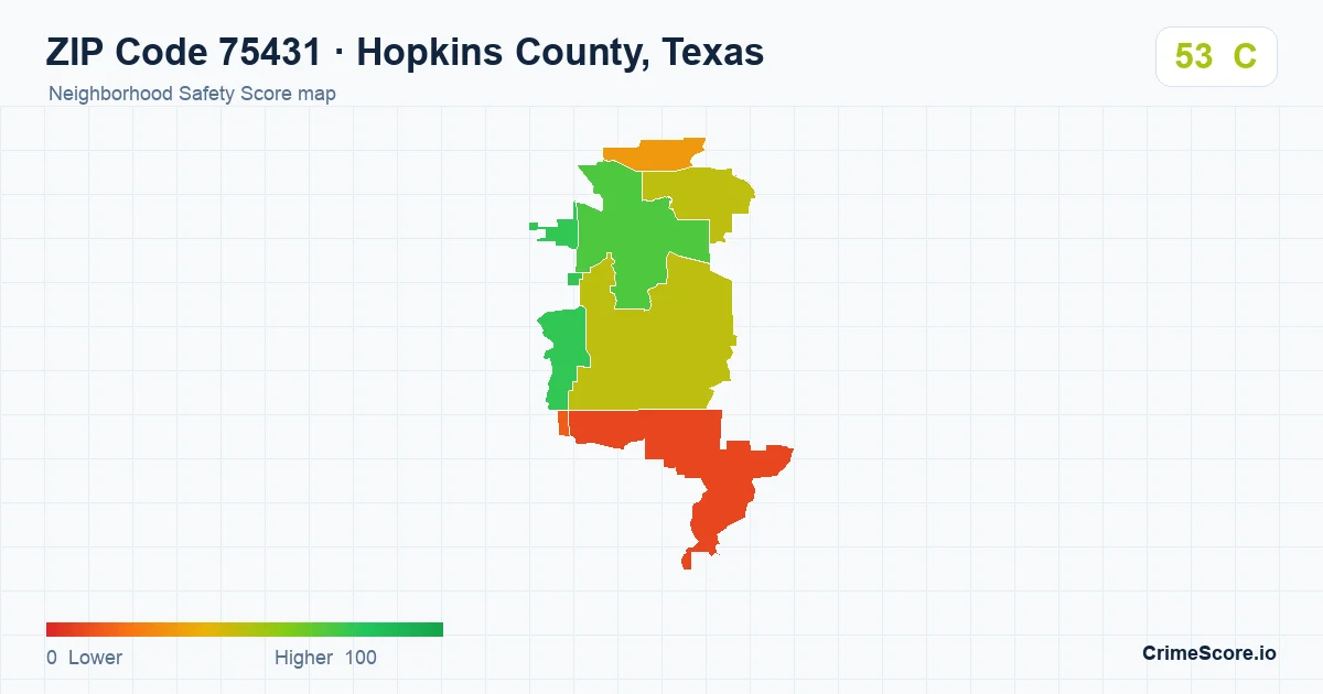 ZIP Code 75431 in Hopkins County, Texas neighborhood Safety Score map