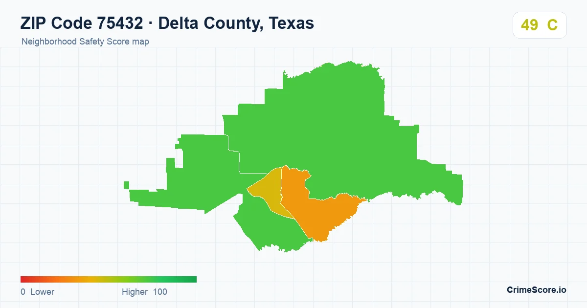 ZIP Code 75432 in Delta County, Texas neighborhood Safety Score map