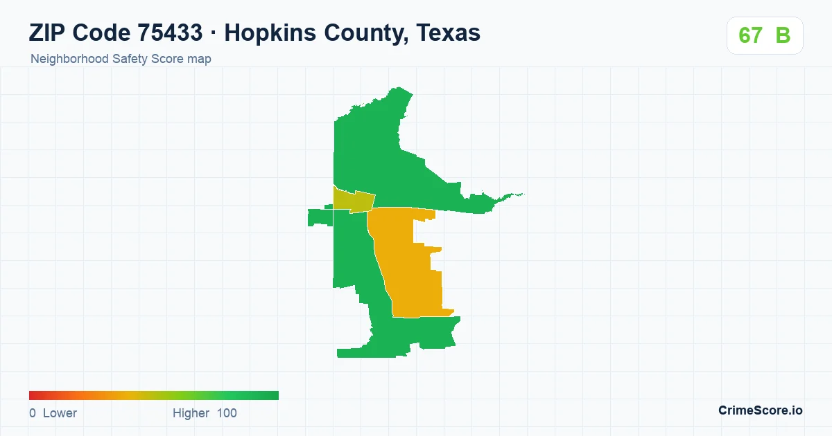 ZIP Code 75433 in Hopkins County, Texas neighborhood Safety Score map