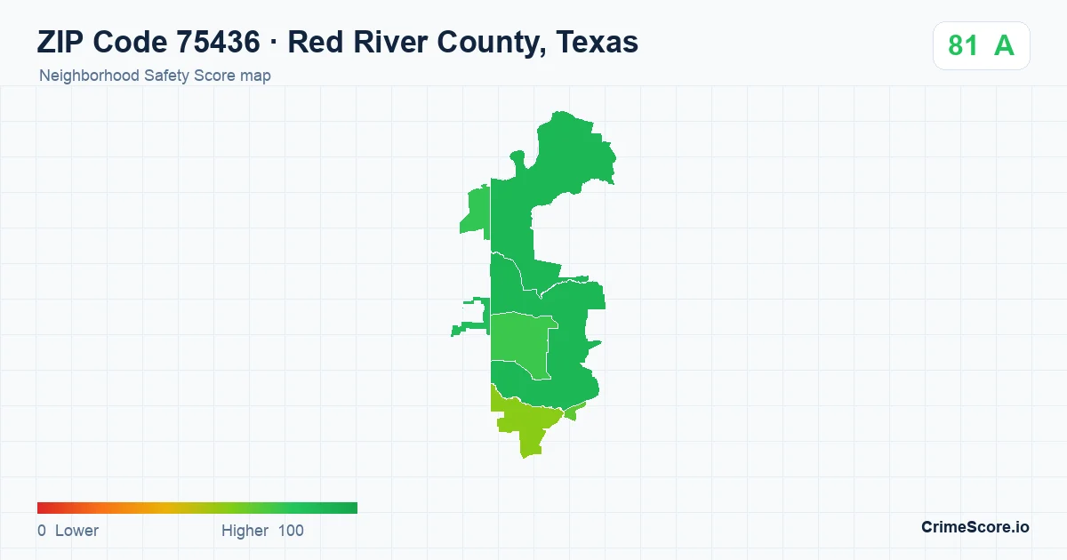 ZIP Code 75436 in Red River County, Texas neighborhood Safety Score map
