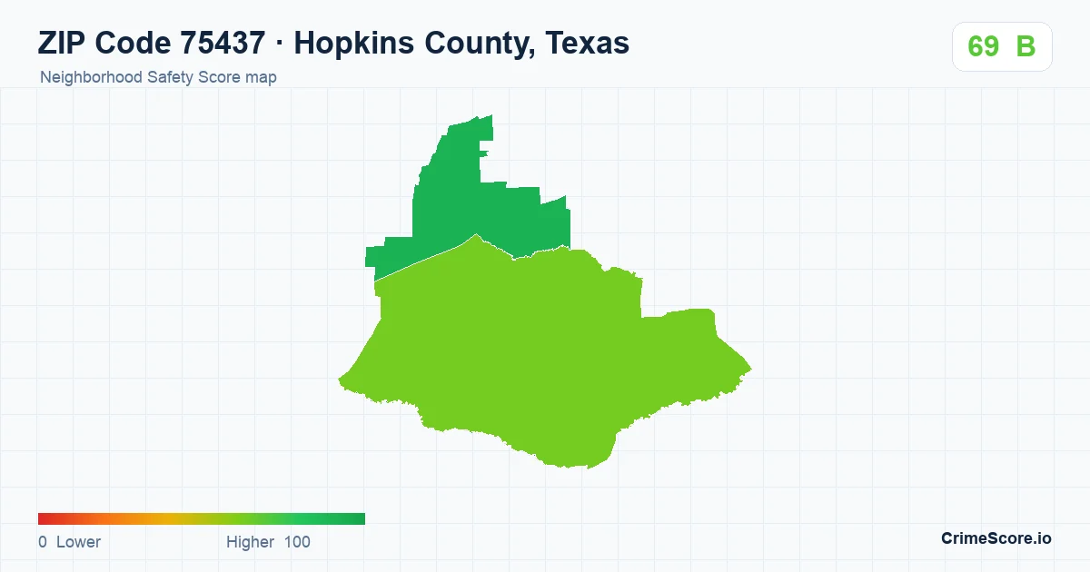 ZIP Code 75437 in Hopkins County, Texas neighborhood Safety Score map
