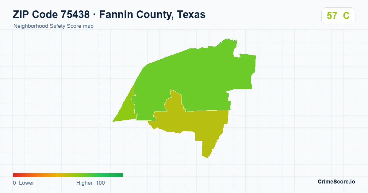 ZIP Code 75438 in Fannin County, Texas neighborhood Safety Score map