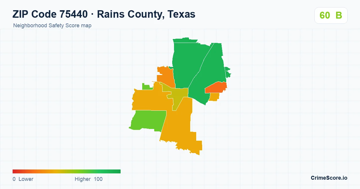 ZIP Code 75440 in Rains County, Texas neighborhood Safety Score map