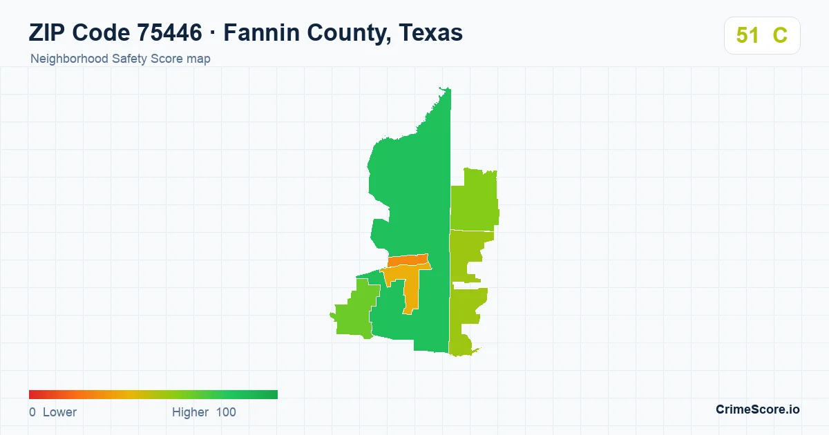 ZIP Code 75446 in Fannin County, Texas neighborhood Safety Score map