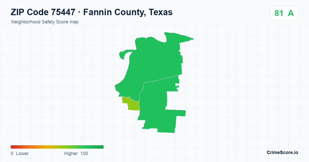 ZIP Code 75447 in Fannin County, Texas neighborhood Safety Score map