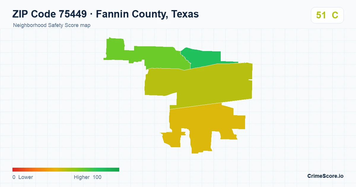 ZIP Code 75449 in Fannin County, Texas neighborhood Safety Score map