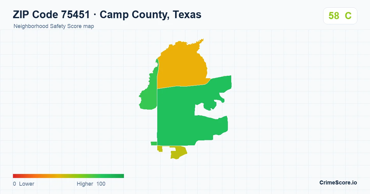 ZIP Code 75451 in Camp County, Texas neighborhood Safety Score map