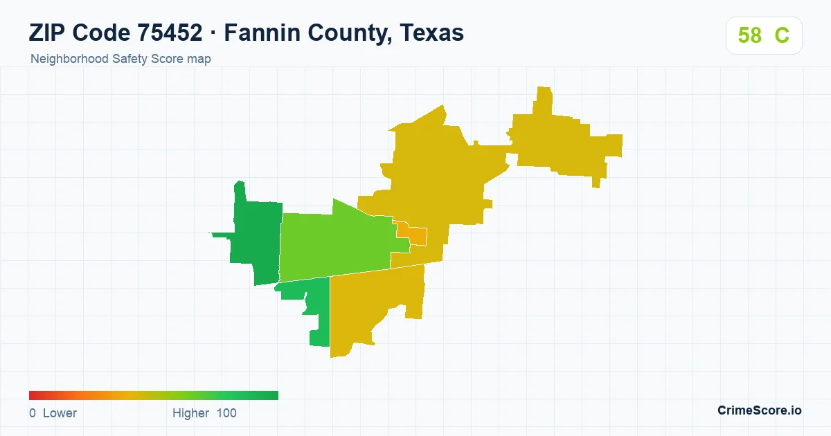 ZIP Code 75452 in Fannin County, Texas neighborhood Safety Score map