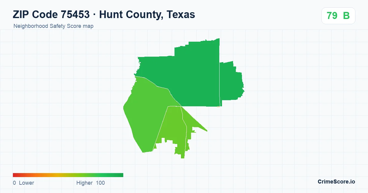 ZIP Code 75453 in Hunt County, Texas neighborhood Safety Score map