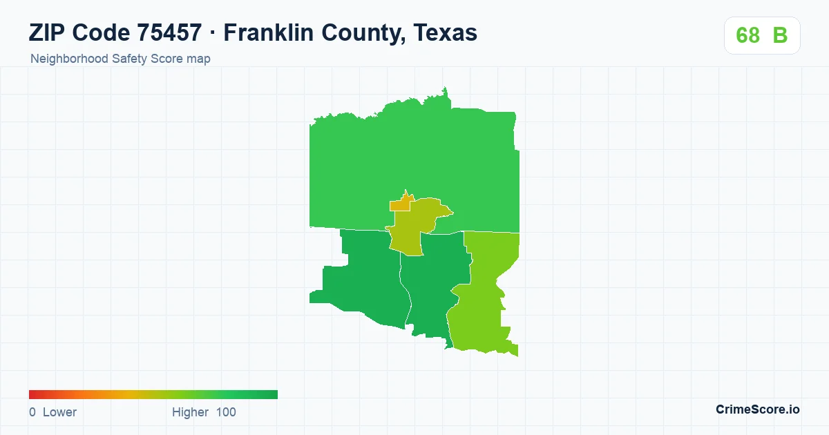 ZIP Code 75457 in Franklin County, Texas neighborhood Safety Score map