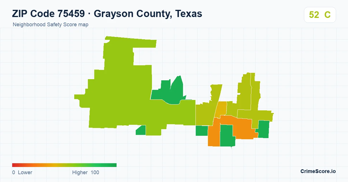 ZIP Code 75459 in Grayson County, Texas neighborhood Safety Score map