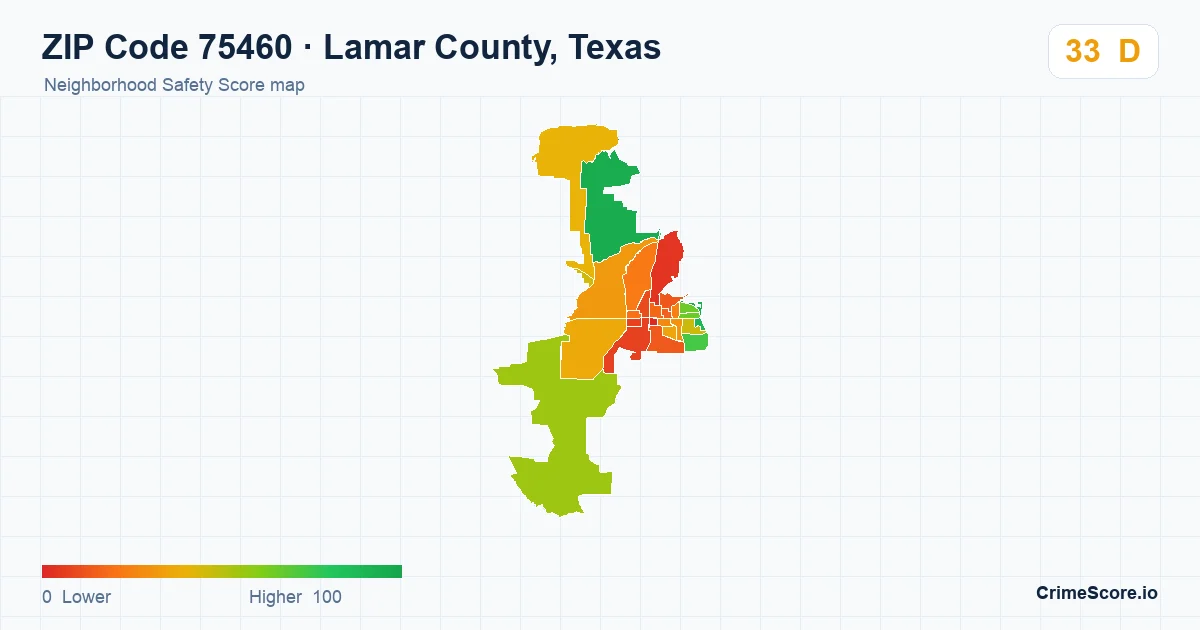 ZIP Code 75460 in Lamar County, Texas neighborhood Safety Score map