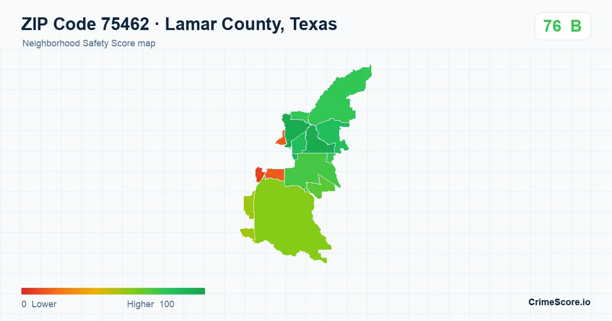 ZIP Code 75462 in Lamar County, Texas neighborhood Safety Score map