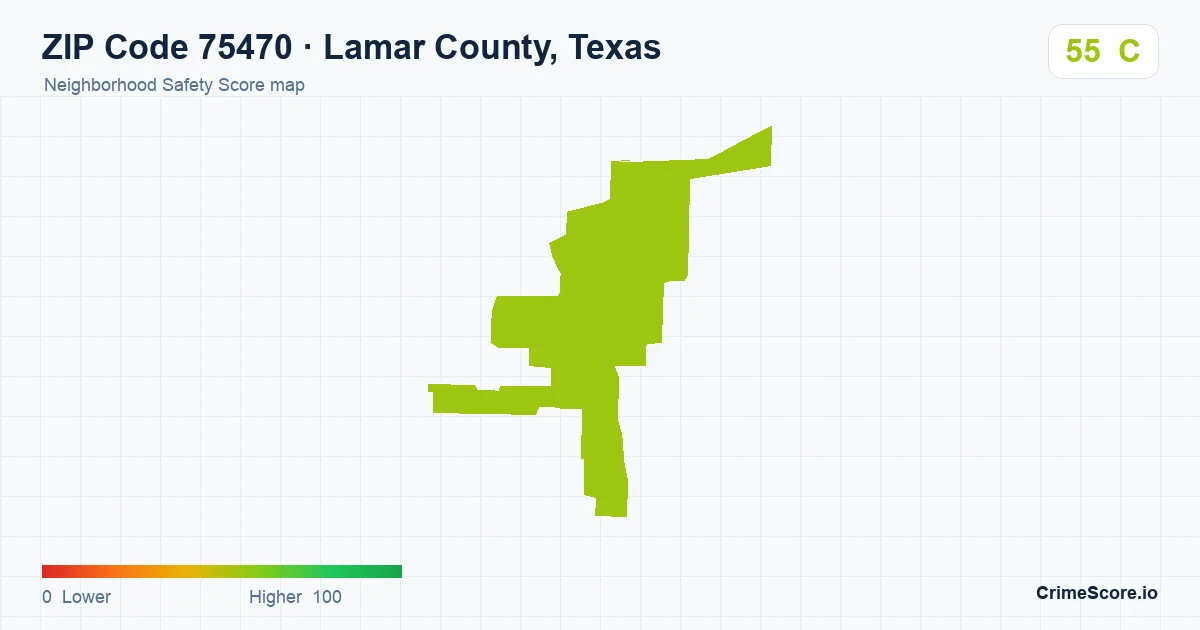ZIP Code 75470 in Lamar County, Texas neighborhood Safety Score map