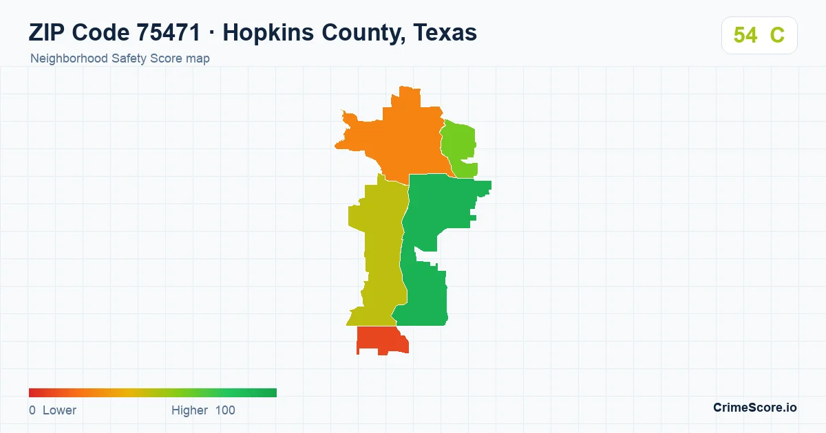 ZIP Code 75471 in Hopkins County, Texas neighborhood Safety Score map