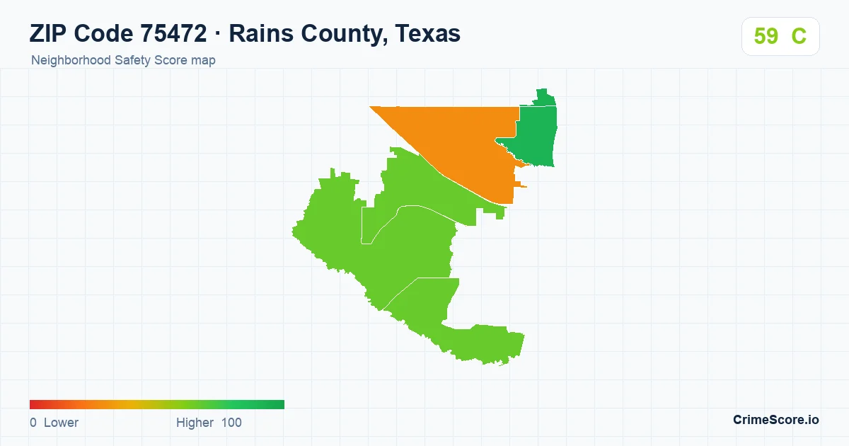ZIP Code 75472 in Rains County, Texas neighborhood Safety Score map