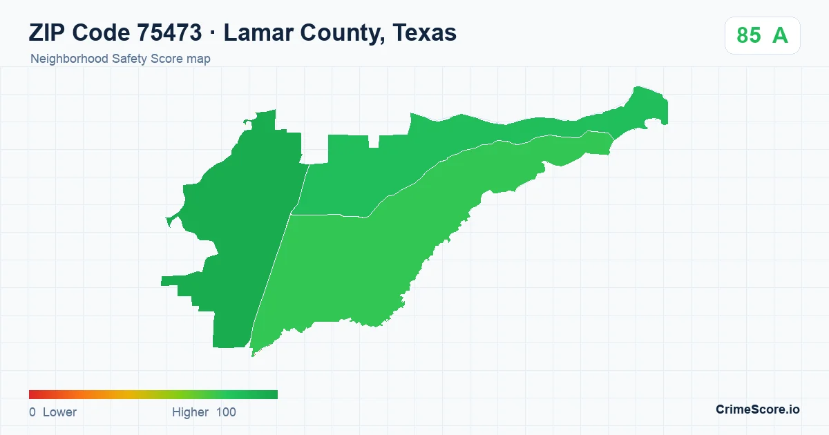 ZIP Code 75473 in Lamar County, Texas neighborhood Safety Score map