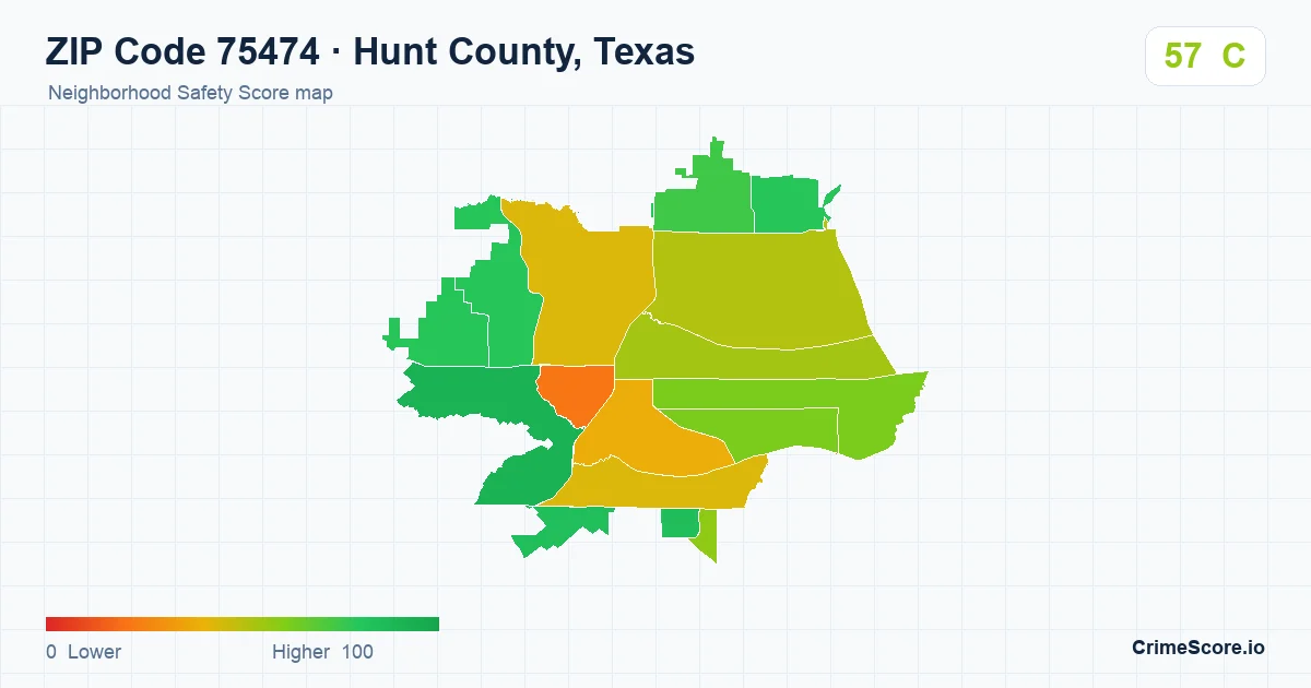 ZIP Code 75474 in Hunt County, Texas neighborhood Safety Score map