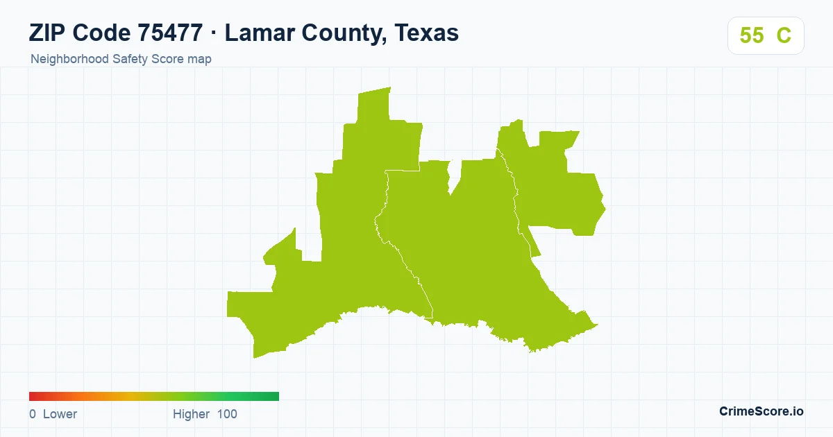 ZIP Code 75477 in Lamar County, Texas neighborhood Safety Score map