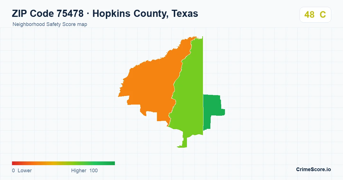 ZIP Code 75478 in Hopkins County, Texas neighborhood Safety Score map