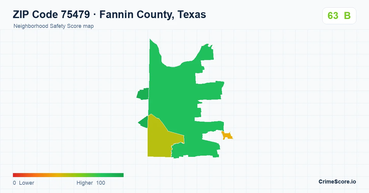 ZIP Code 75479 in Fannin County, Texas neighborhood Safety Score map
