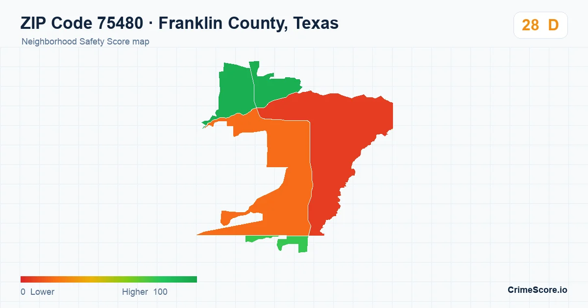 ZIP Code 75480 in Franklin County, Texas neighborhood Safety Score map
