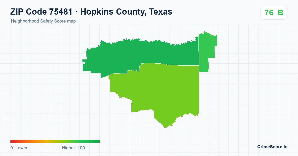 ZIP Code 75481 in Hopkins County, Texas neighborhood Safety Score map