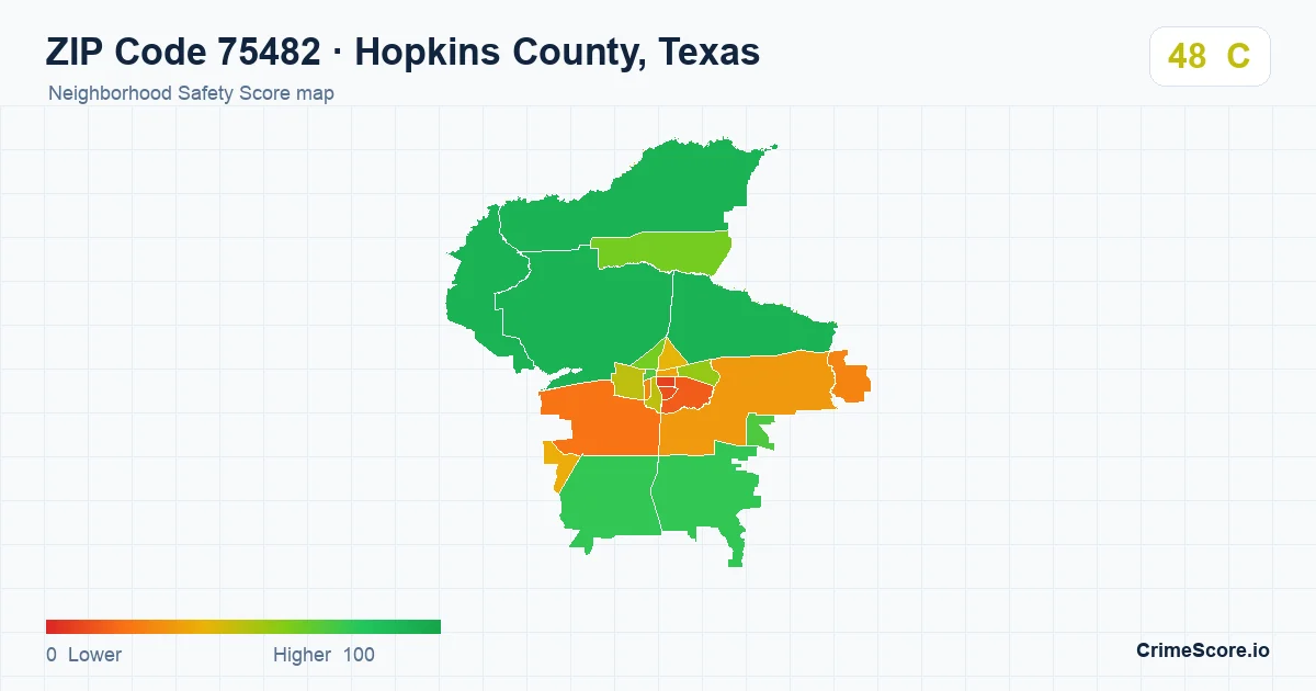 ZIP Code 75482 in Hopkins County, Texas neighborhood Safety Score map