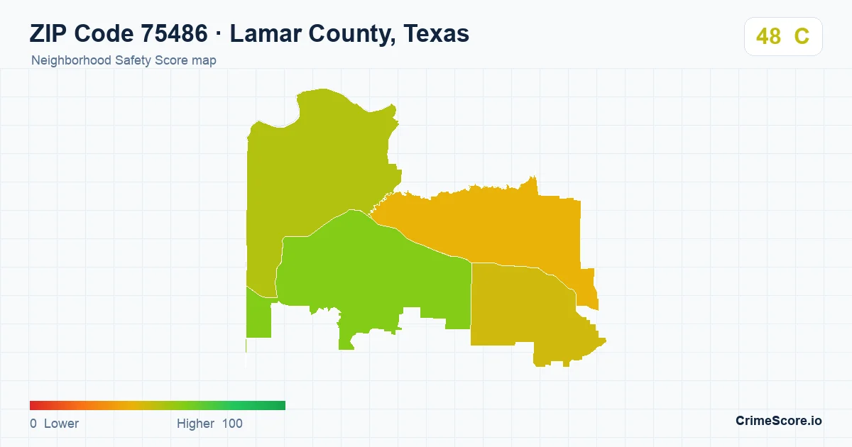 ZIP Code 75486 in Lamar County, Texas neighborhood Safety Score map