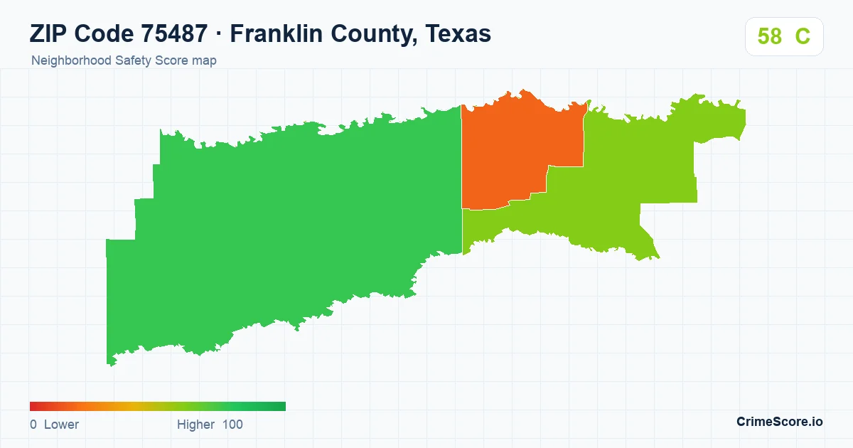 ZIP Code 75487 in Franklin County, Texas neighborhood Safety Score map