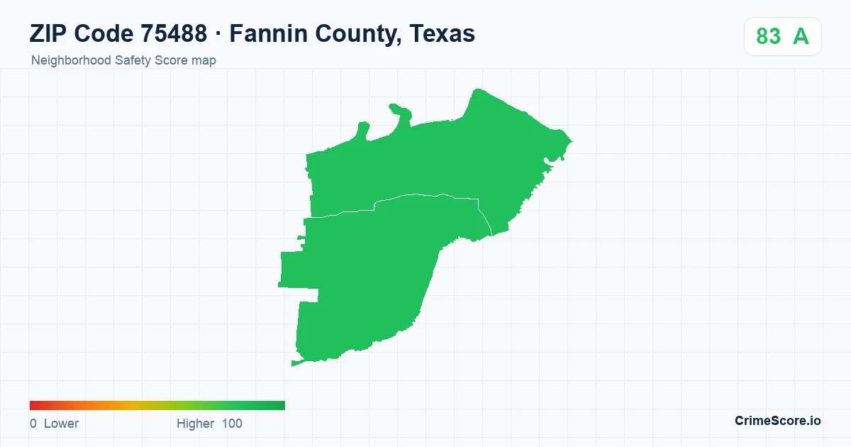 ZIP Code 75488 in Fannin County, Texas neighborhood Safety Score map