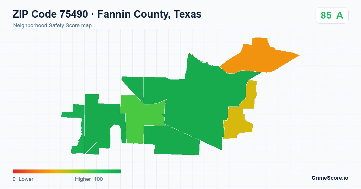 ZIP Code 75490 in Fannin County, Texas neighborhood Safety Score map